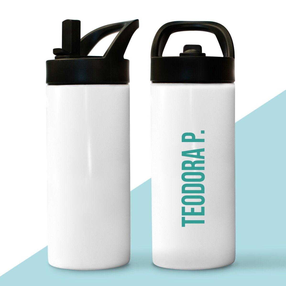Thermosfles met handvat en rietje, gepersonaliseerd met naam in verticale opstelling