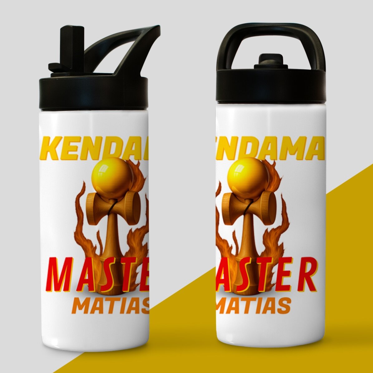 Thermosfles met handvat en rietje, gepersonaliseerd met naam voor kinderen - Kendama Master