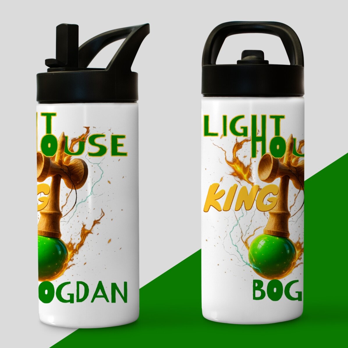 Thermosfles met handvat en rietje, gepersonaliseerd met naam voor kinderen - Lighthouse King