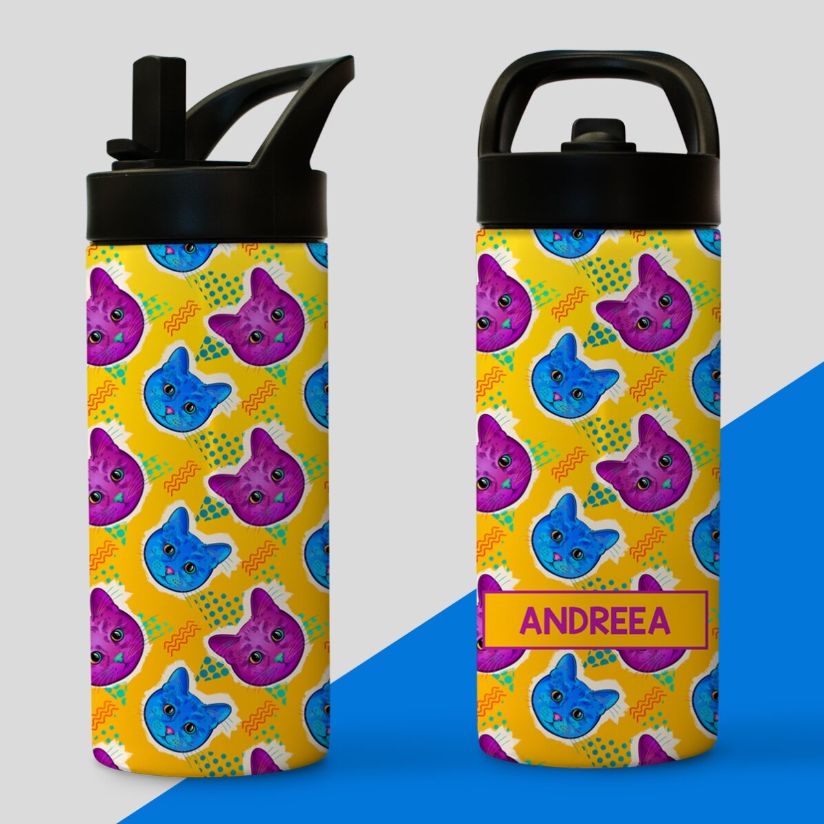 Thermosfles met handvat en rietje, gepersonaliseerd met naam - Kleurrijke katjes