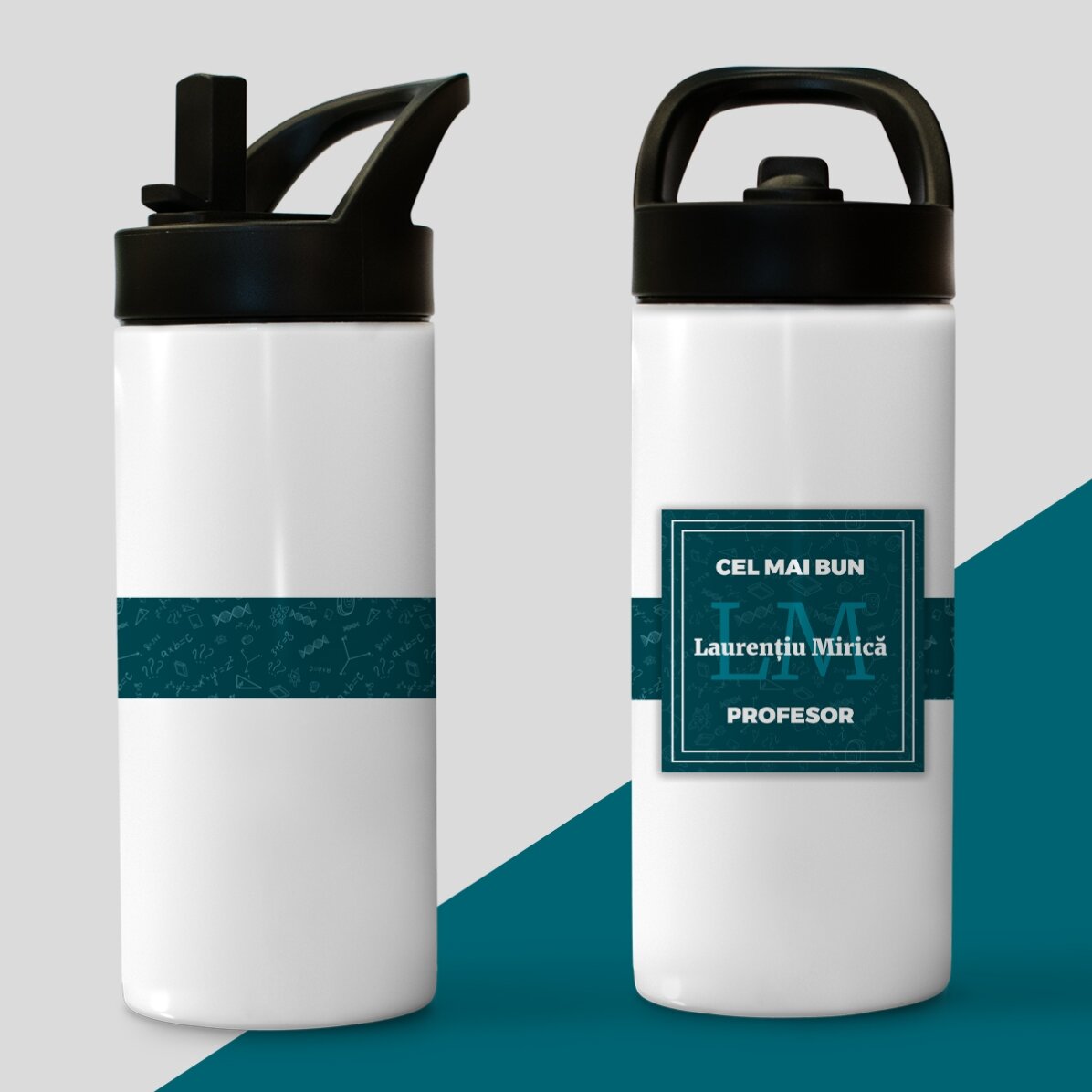 Thermosfles met handvat en rietje, gepersonaliseerd met naam en initialen – De beste leraar