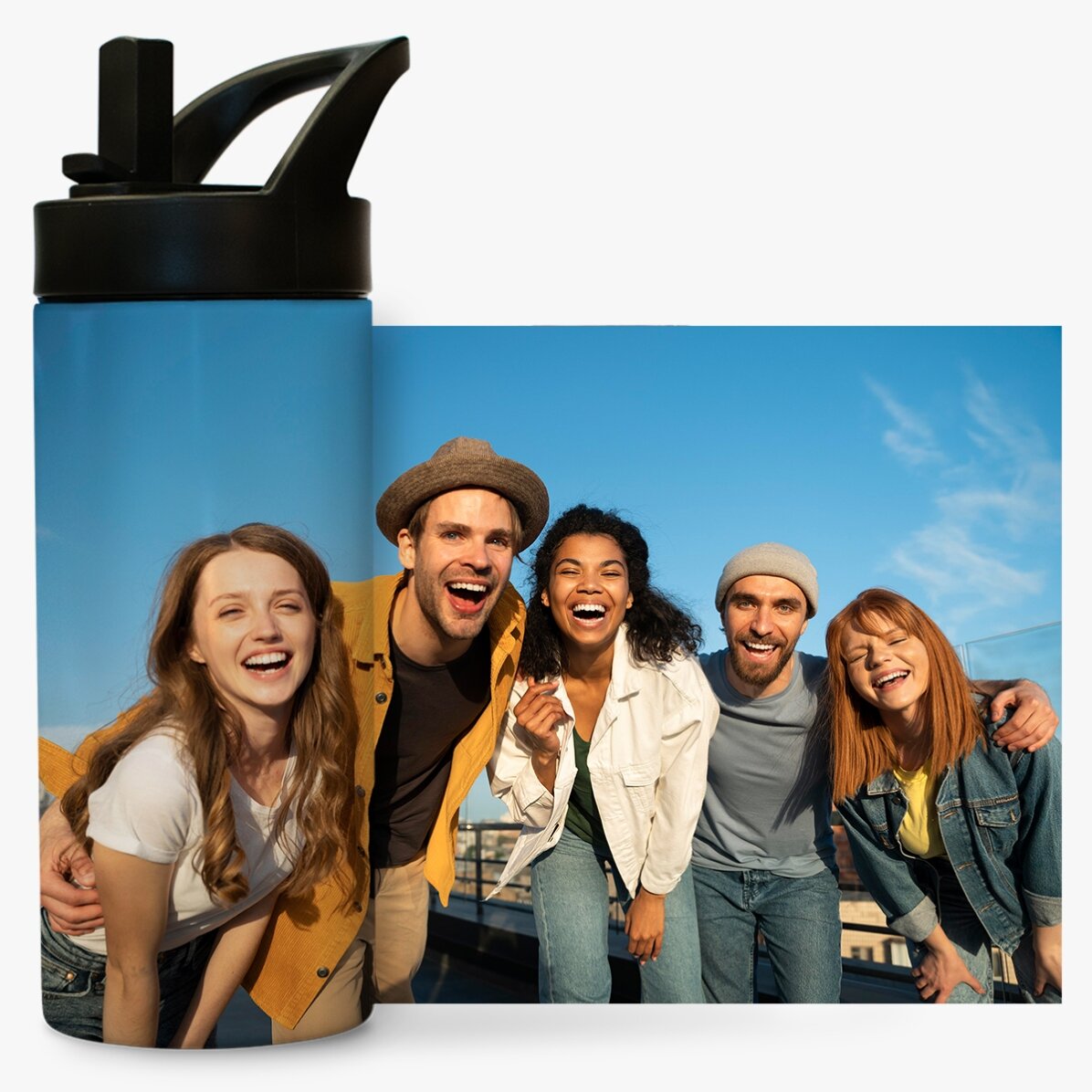 Thermosfles met handvat en rietje, gepersonaliseerd met een foto