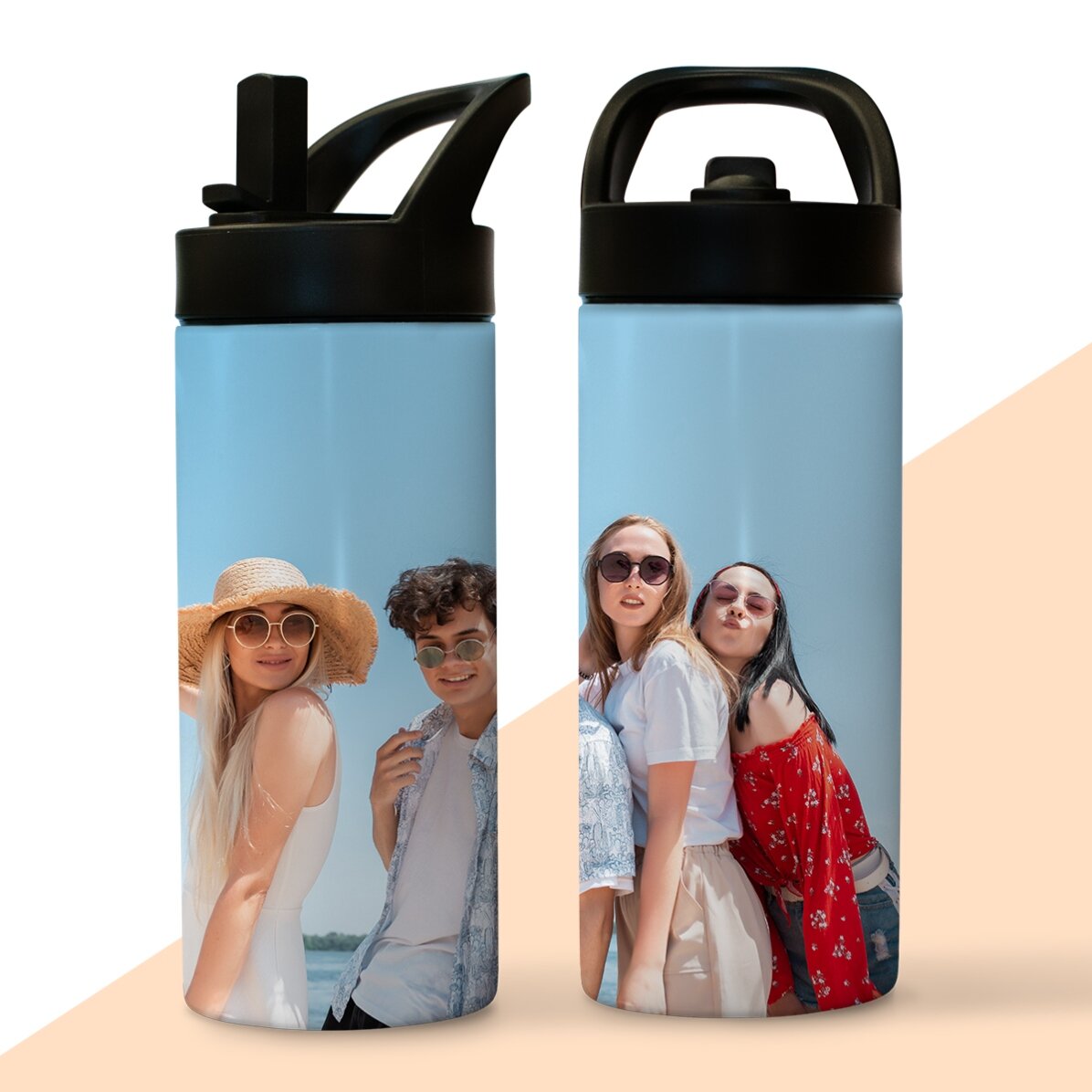 Thermosfles met handvat en rietje, gepersonaliseerd met een foto
