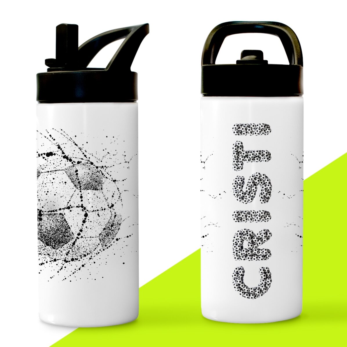 Thermosfles met handvat en rietje, gepersonaliseerd met tekst - Voetbal
