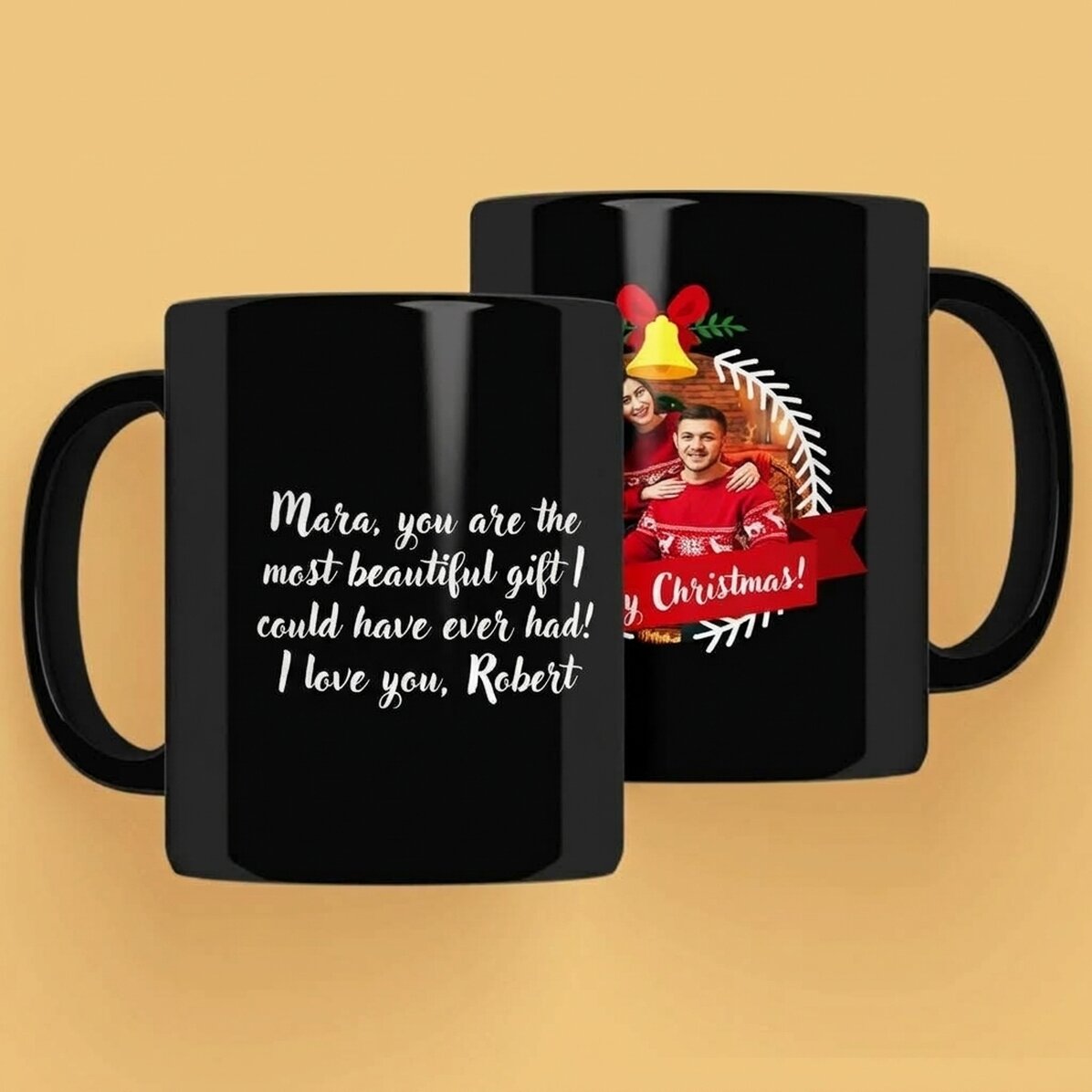 Tasse noire personnalisée avec photo et texte - Merry Christmas