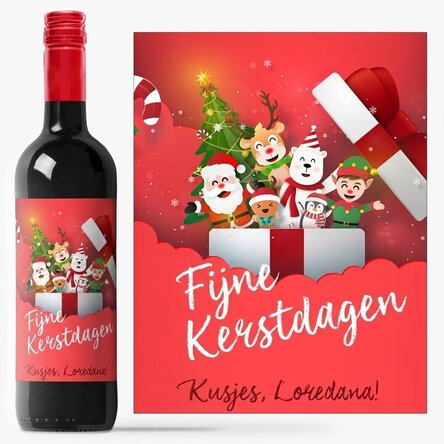 Wijn met gepersonaliseerde tekst - Santa & his friends
