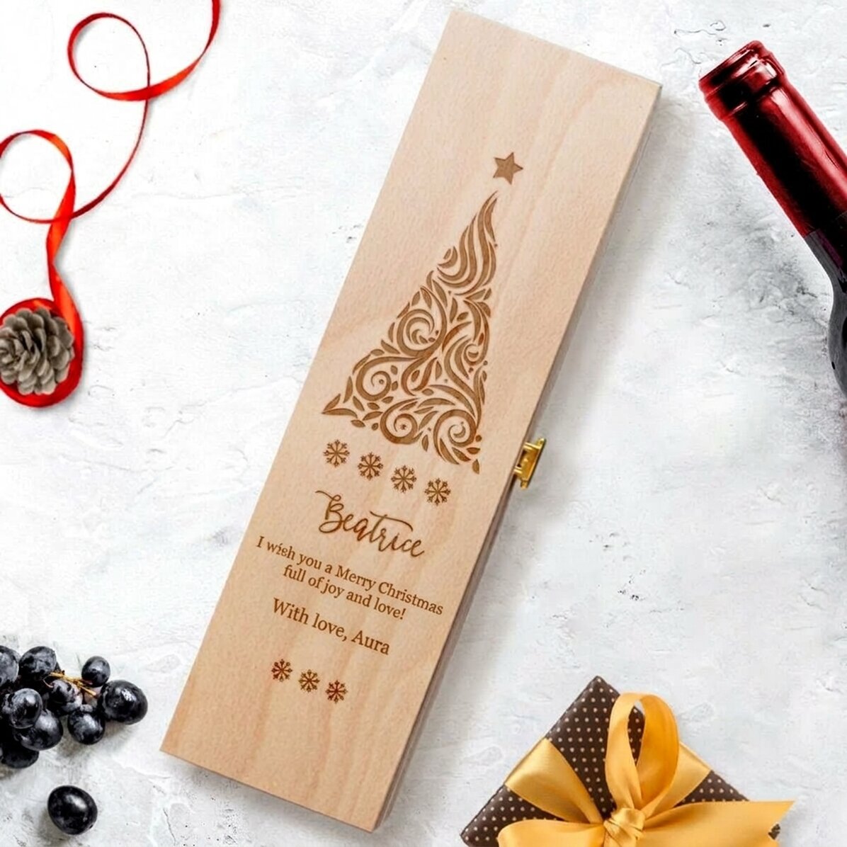 Gepersonaliseerde wijnkist met tekst - Kerstwens