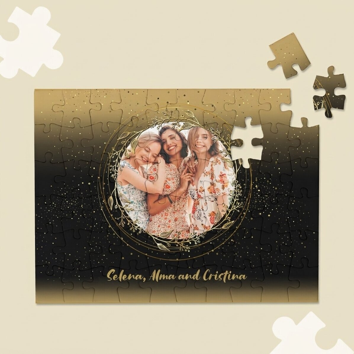 Puzzle personnalisé avec une photo et un texte, 20 x 15 cm - Cadre doré