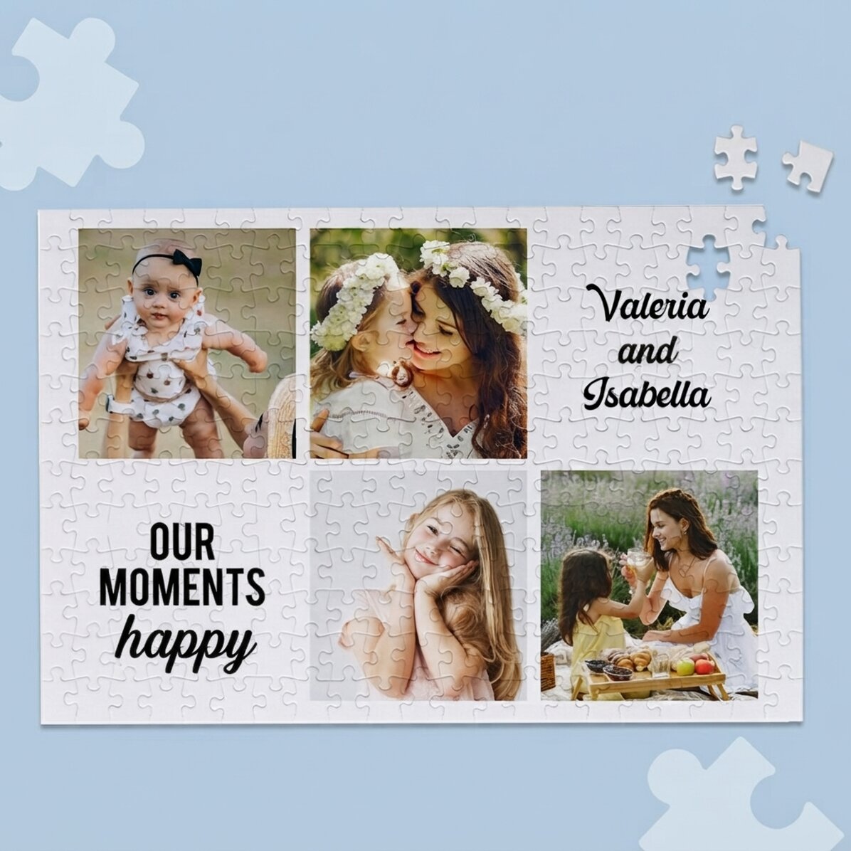 Gepersonaliseerde puzzel met 4 foto’s en tekst, 40 x 28,5 cm - Momenten