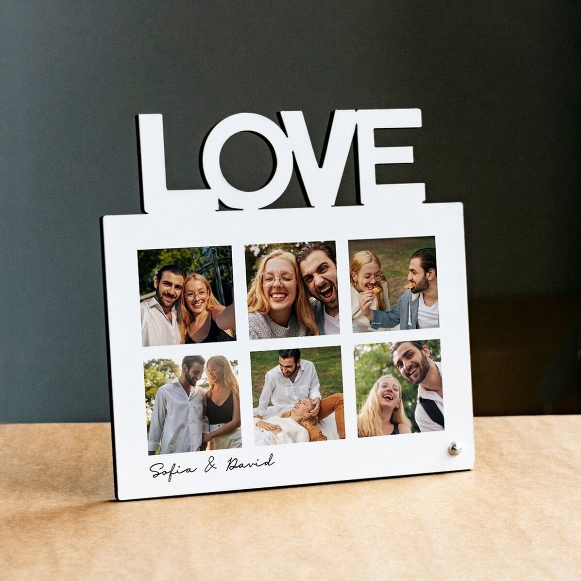 Cadre photo de bureau personnalisé avec 6 photos et un texte - modèle LOVE