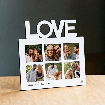 Gepersonaliseerde fotolijst voor op het bureau met 6 foto’s en tekst – model LOVE