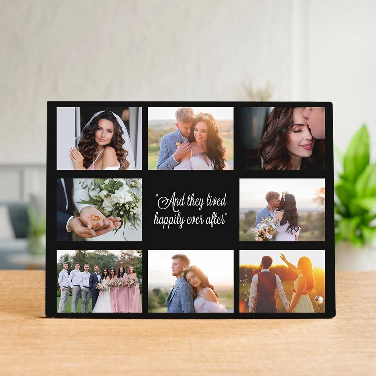 Gepersonaliseerde fotolijst voor op het bureau met 8 foto’s en tekst - Happily Ever After