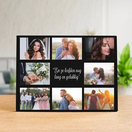 Gepersonaliseerde fotolijst voor op het bureau met 8 foto’s en tekst - Happily Ever After