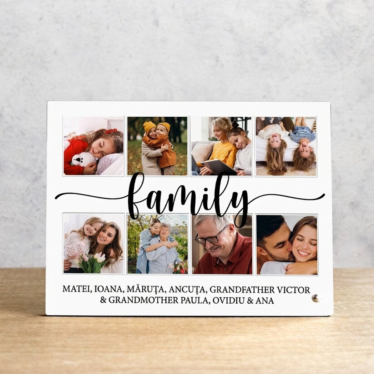 Gepersonaliseerde fotolijst voor op het bureau met 8 foto’s en tekst - familie