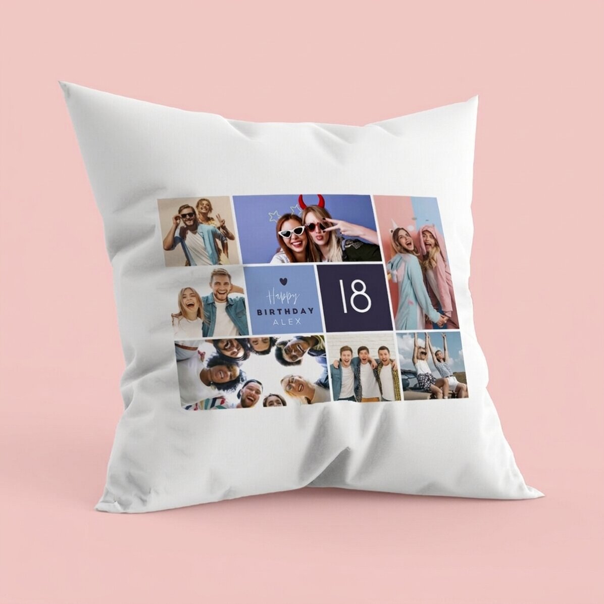 Gepersonaliseerd kussen met 7 portretfoto’s en tekst – Happy birthday