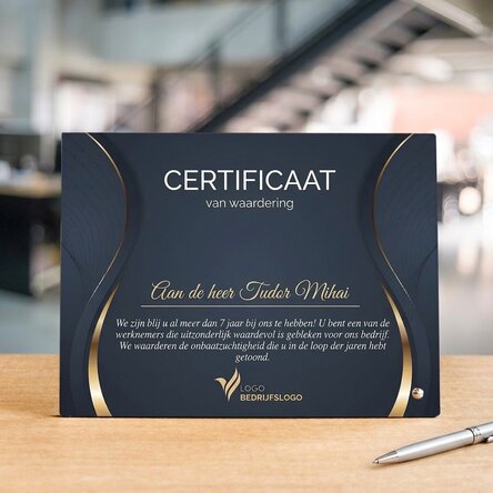 Gepersonaliseerde fotolijst voor op kantoor met logo en tekst - Waarderingcertificaat