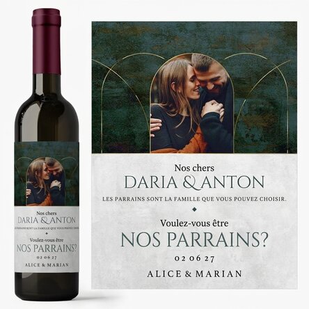 Vin personnalisé avec un texte et une photo - Voulez-vous être nos parrains et marraines ?