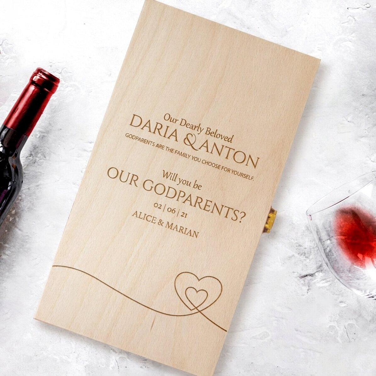 Coffret à vin personnalisé pour deux bouteilles - Demande pour les parrains et marraines