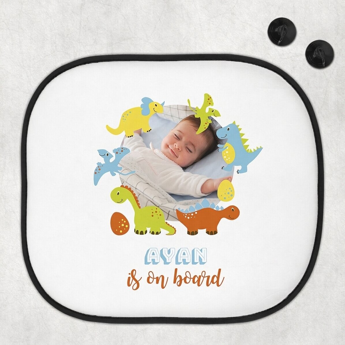 Op maat gemaakte autozonneklep met een foto en tekst – ‘Baby on board’ voor jongens
