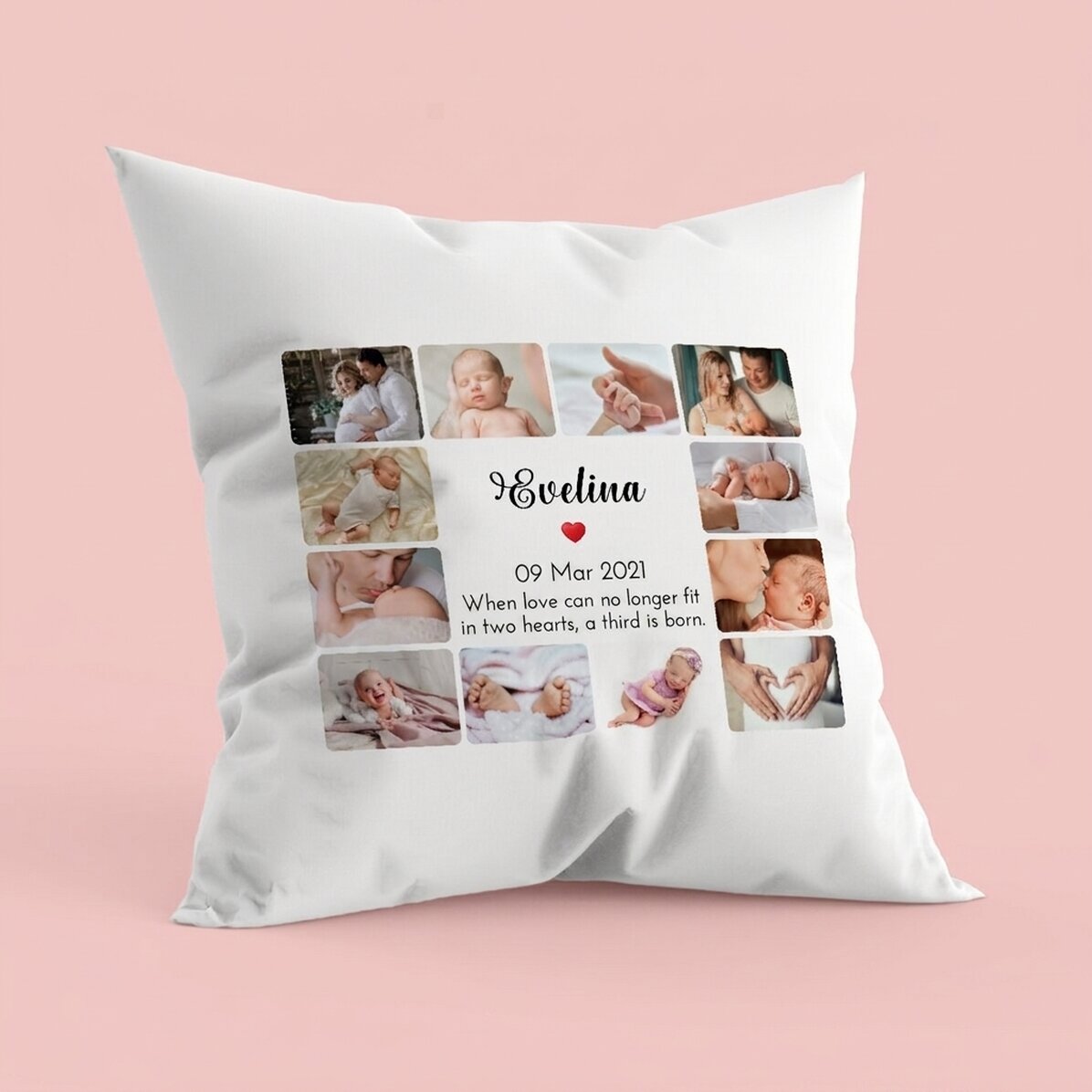 Coussin personnalisé avec 12 photos et un texte - Bébé