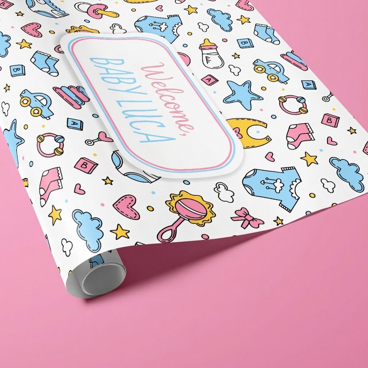 Gepersonaliseerd cadeaupapier met tekst - New baby