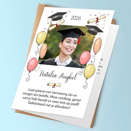 Gepersonaliseerde wenskaart met een foto en tekst - Afstuderen