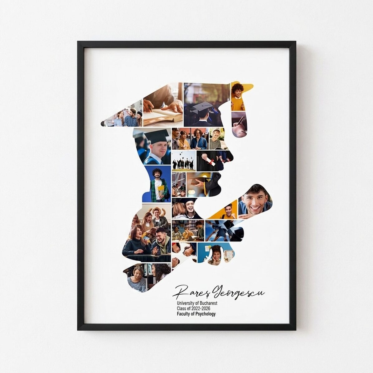 Gepersonaliseerd schilderij met tekst en 22 foto’s ter gelegenheid van het afstuderen - Hij