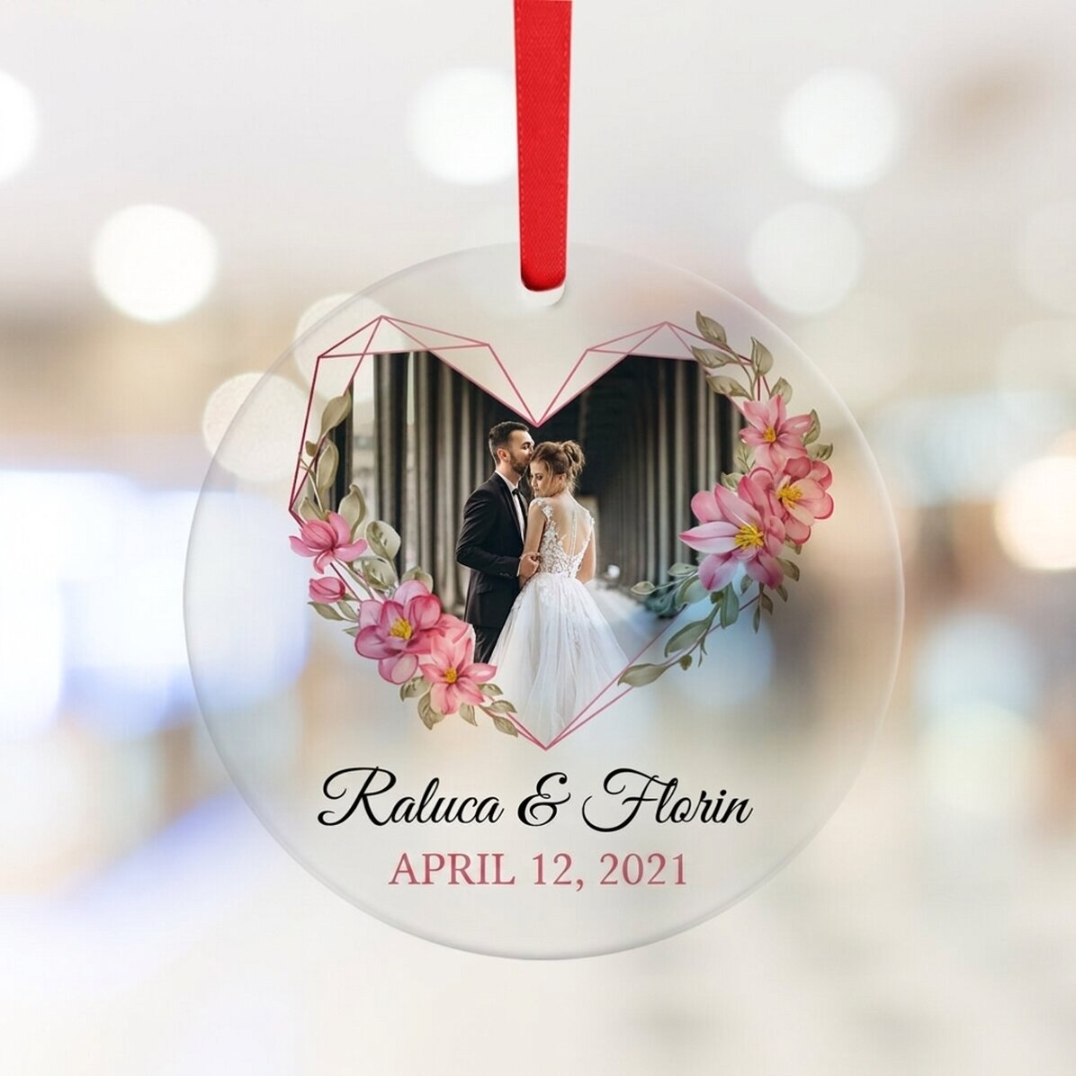 Rond ornament met persoonlijke tekst en foto - Flower frame