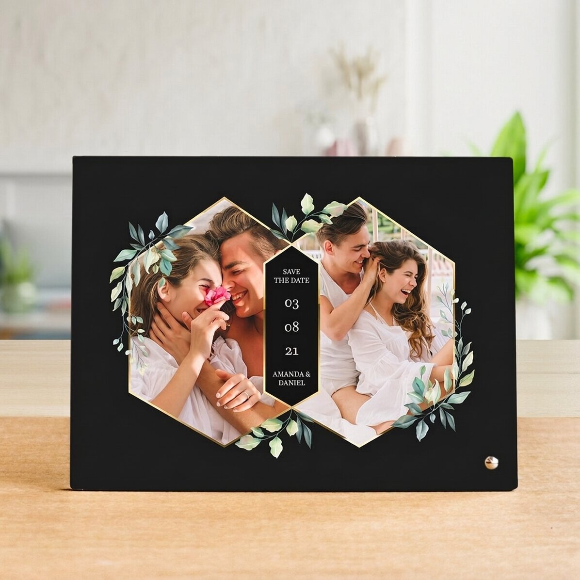Cadre photo de bureau personnalisé avec 2 photos et un texte - Save the Date