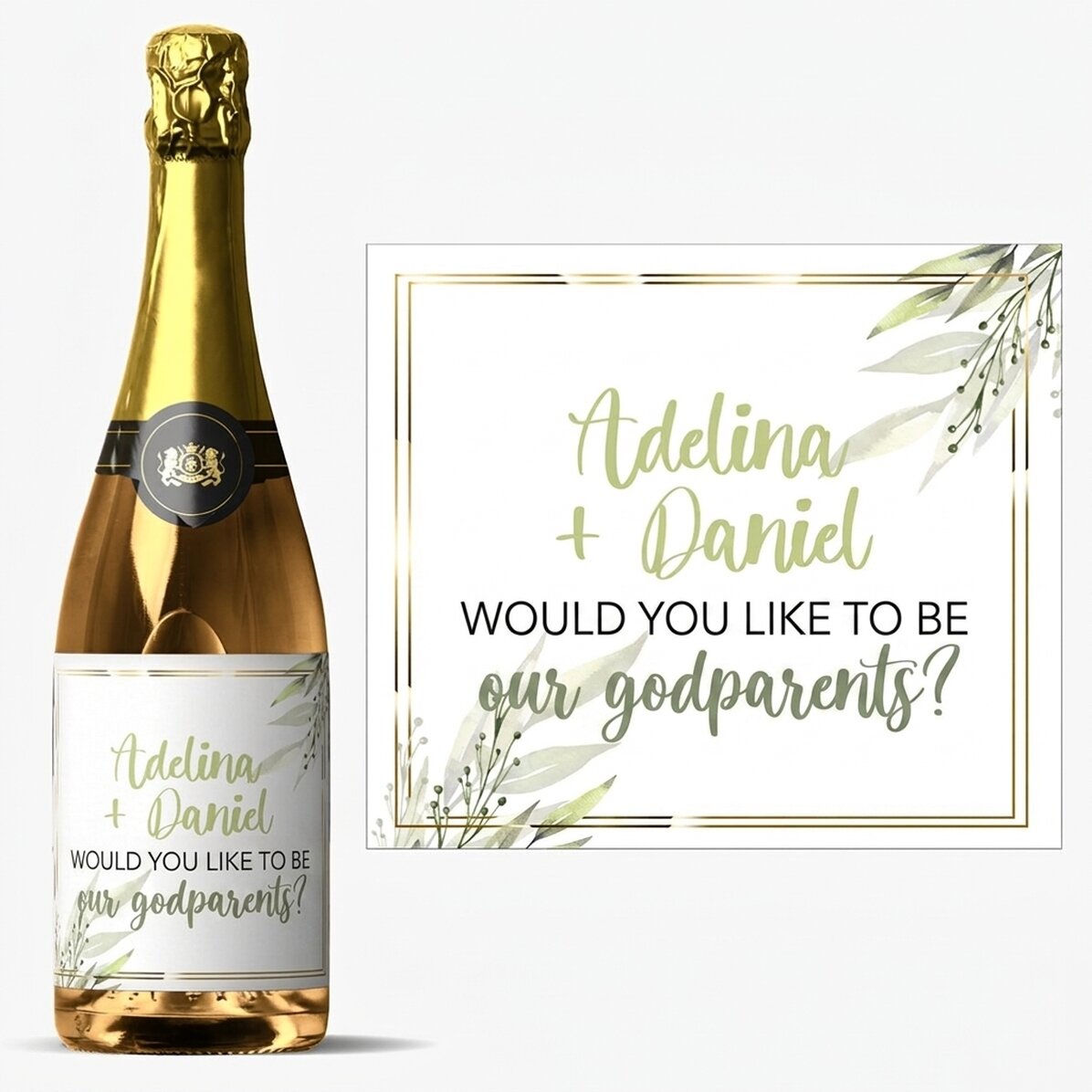 Mousserende wijn met gepersonaliseerde tekst - Willen jullie onze peetouders worden?