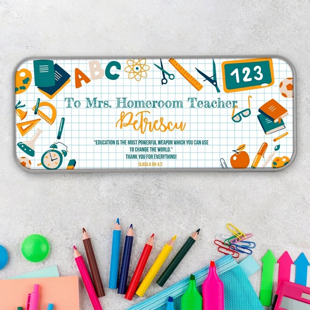 Gepersonaliseerd etui met tekst voor leraren