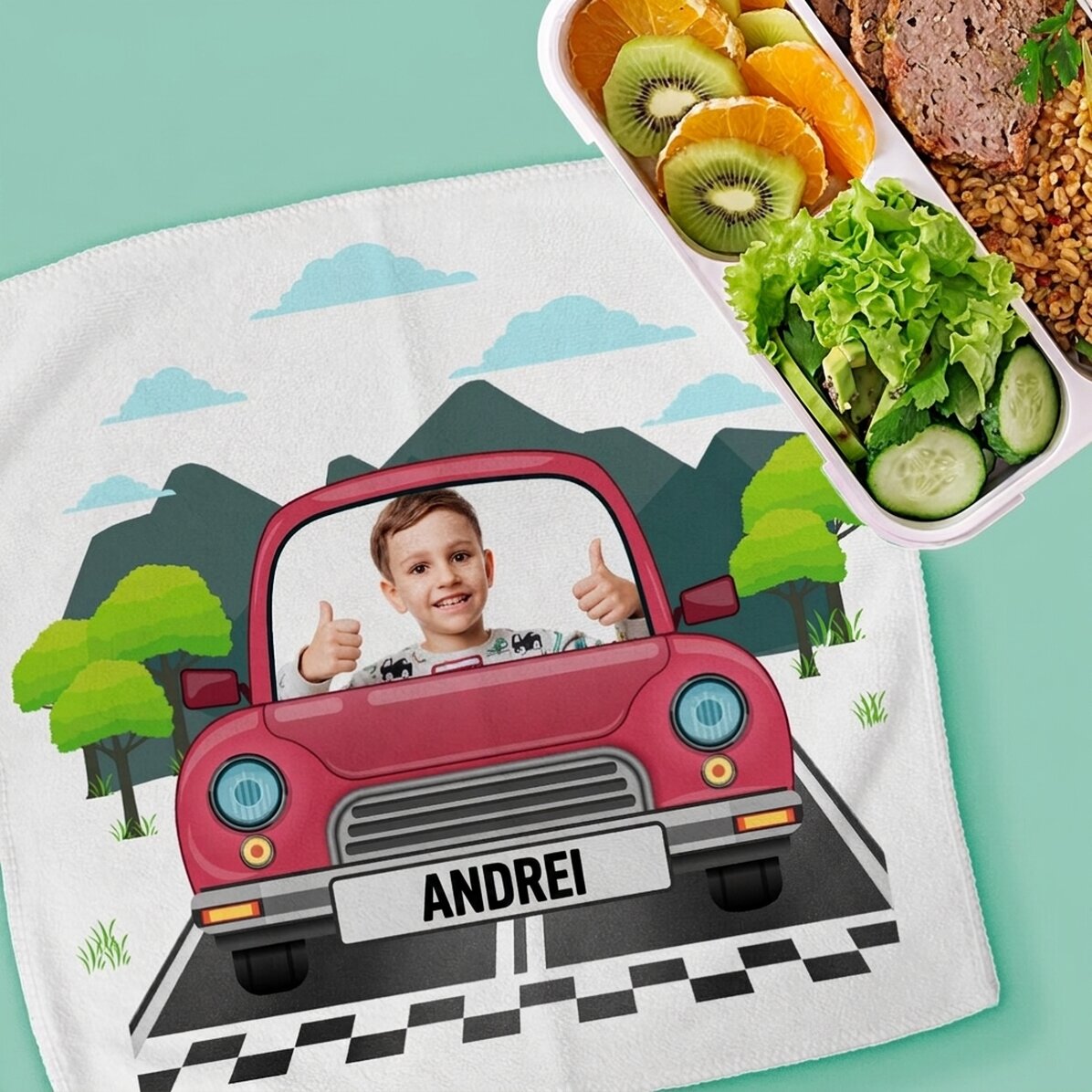 Gepersonaliseerde handdoek met een foto en tekst voor kinderen - Auto