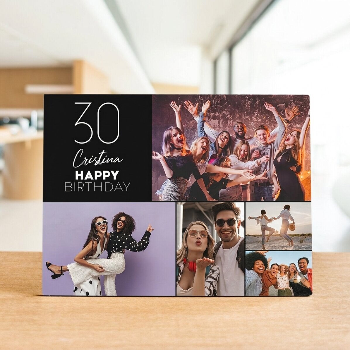 Gepersonaliseerde fotolijst voor op het bureau met 5 foto’s en tekst - Happy birthday
