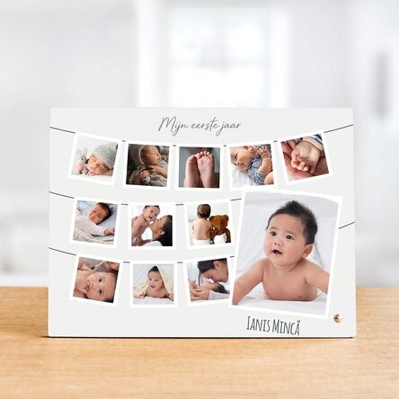 Gepersonaliseerde fotolijst voor op het bureau met 12 foto’s en tekst – Mijn eerste jaar