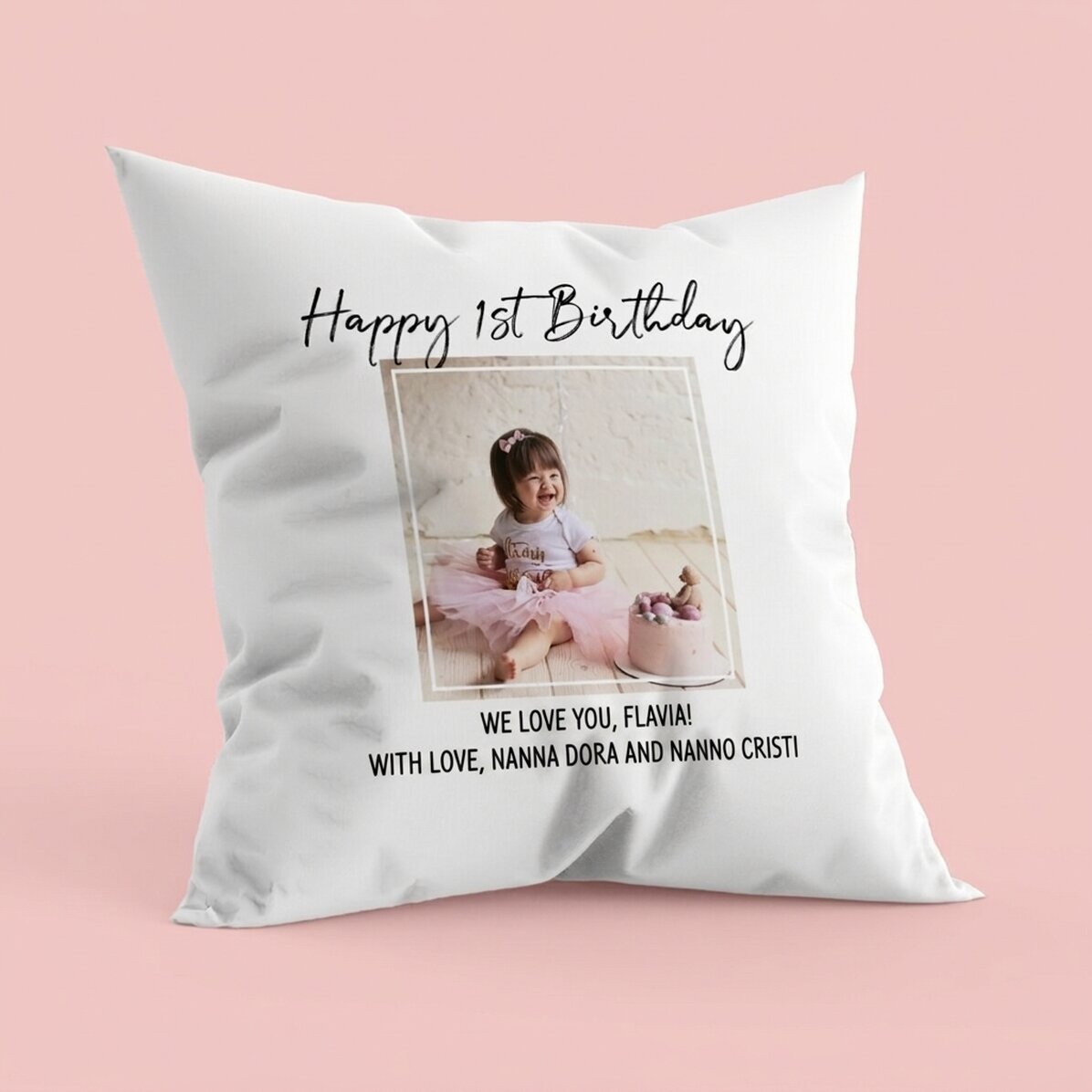 Gepersonaliseerd kussen met een foto en tekst - Happy Birthday