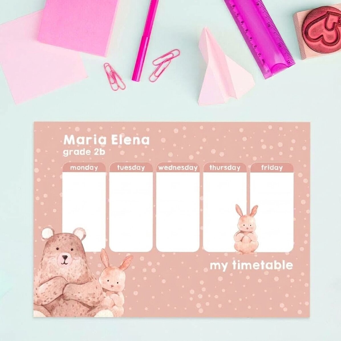 Emploi du temps personnalisé avec texte - Animaux mignons