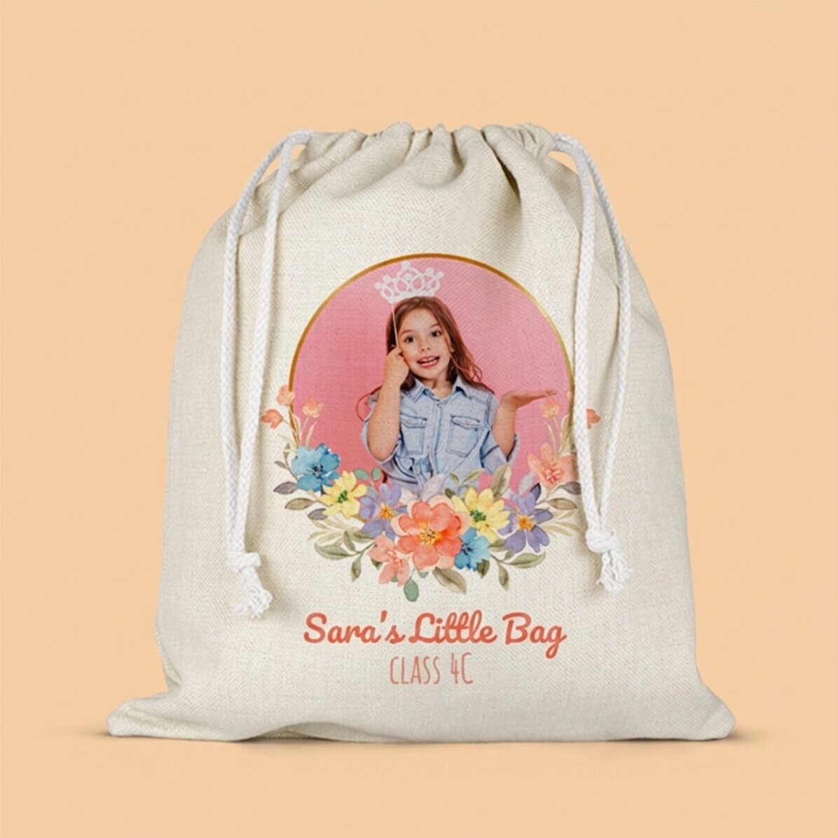 Sac pour la maternelle personnalisé avec un texte et une photo - Flowers
