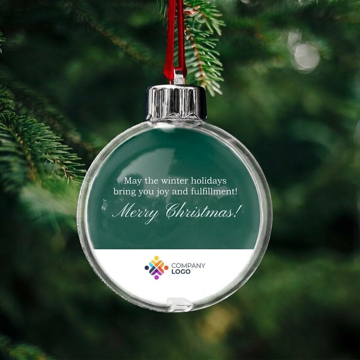 Gepersonaliseerde kerstbal met logo en boodschap - Vrolijk Kerstfeest!