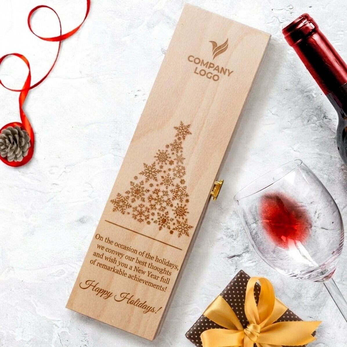 Gepersonaliseerde wijnkist met logo en boodschap - Vrolijk Kerstfeest!