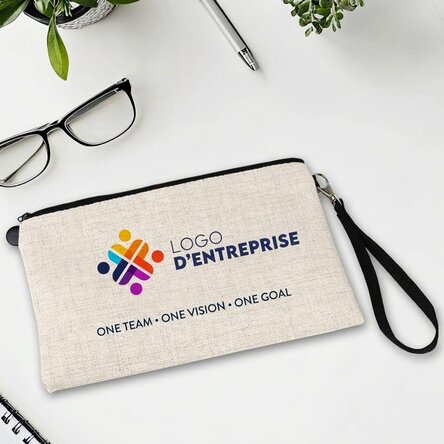Petite pochette pour accessoires personnalisée avec un logo et un texte