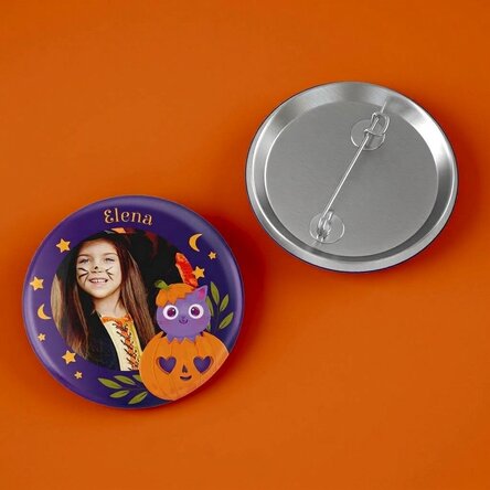 Gepersonaliseerde button met foto en naam - Halloween-pompoen