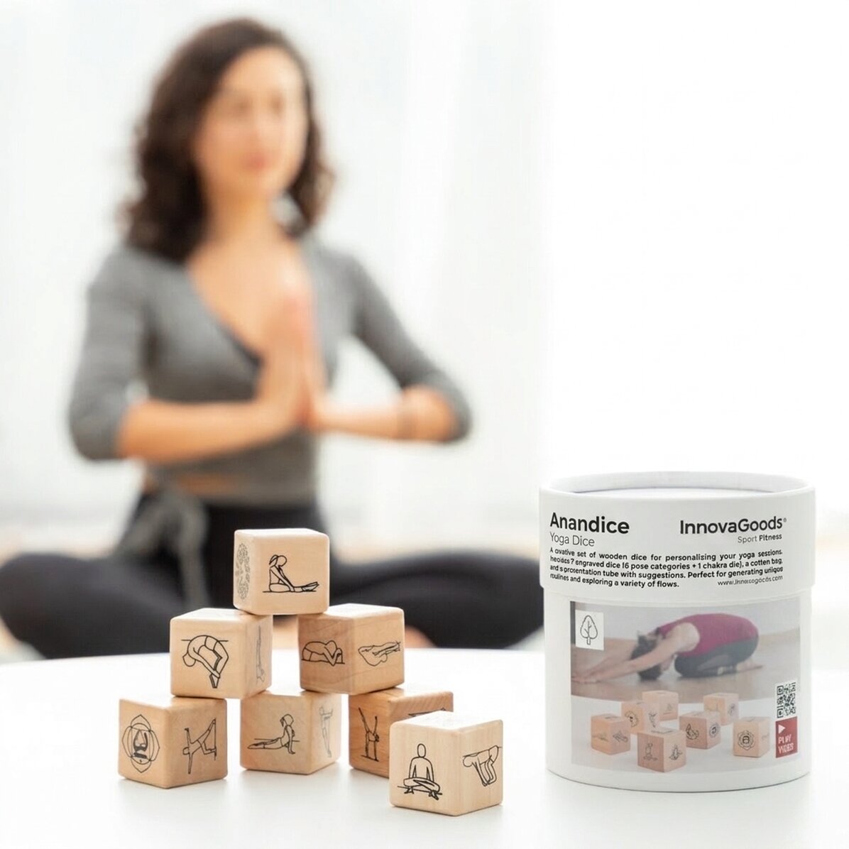 Yogaspel met 7 houten dobbelstenen