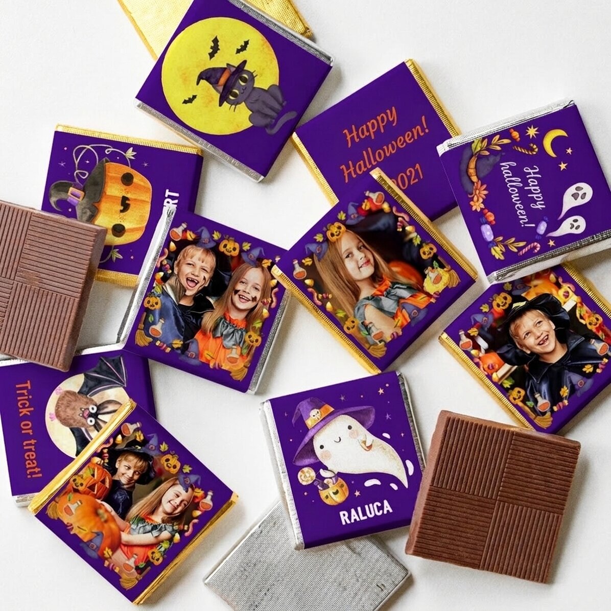 Lot de 10 mini-chocolats personnalisés avec photos et texte - Halloween