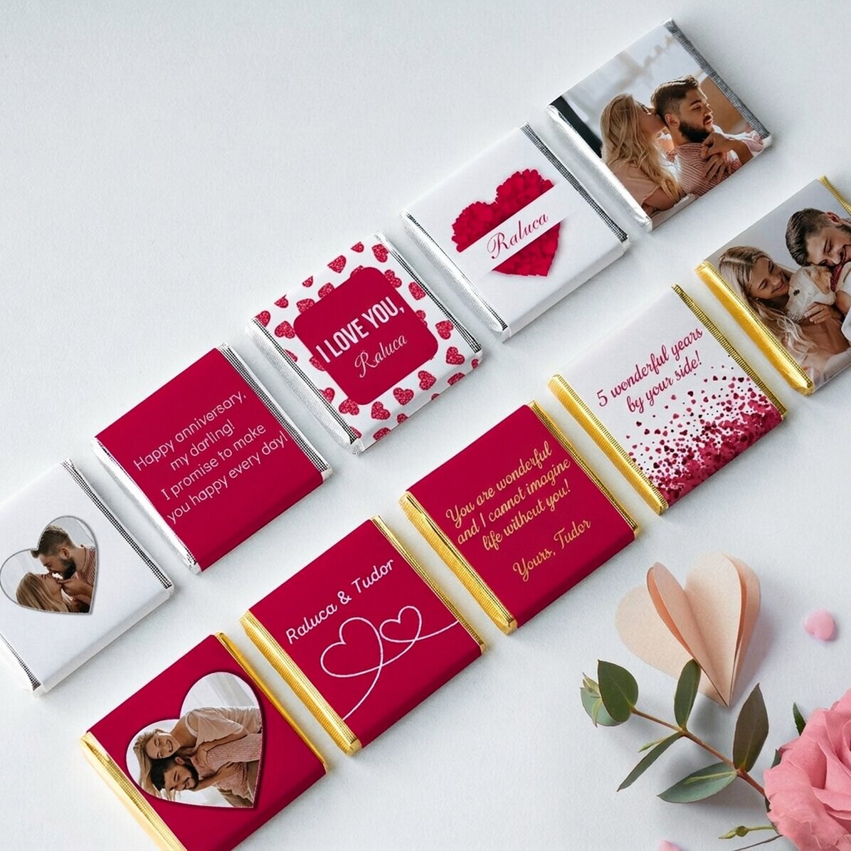 Set van 10 gepersonaliseerde minichocoladehapjes - Ik hou van je!