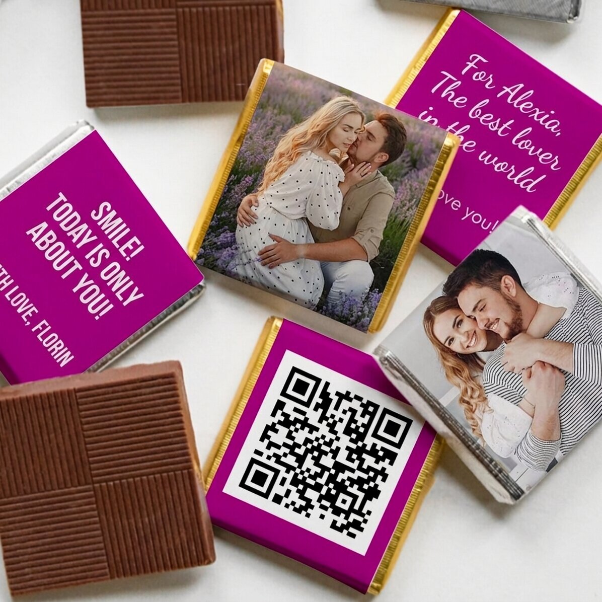 Set van 5 gepersonaliseerde minichocolade met foto’s, QR-code en tekst – Voor een dierbare