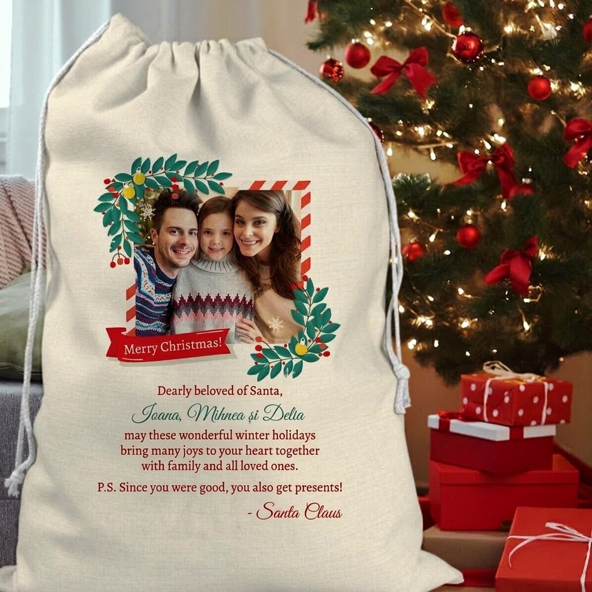 Sac cadeau personnalisé avec une photo et un message du Père Noël
