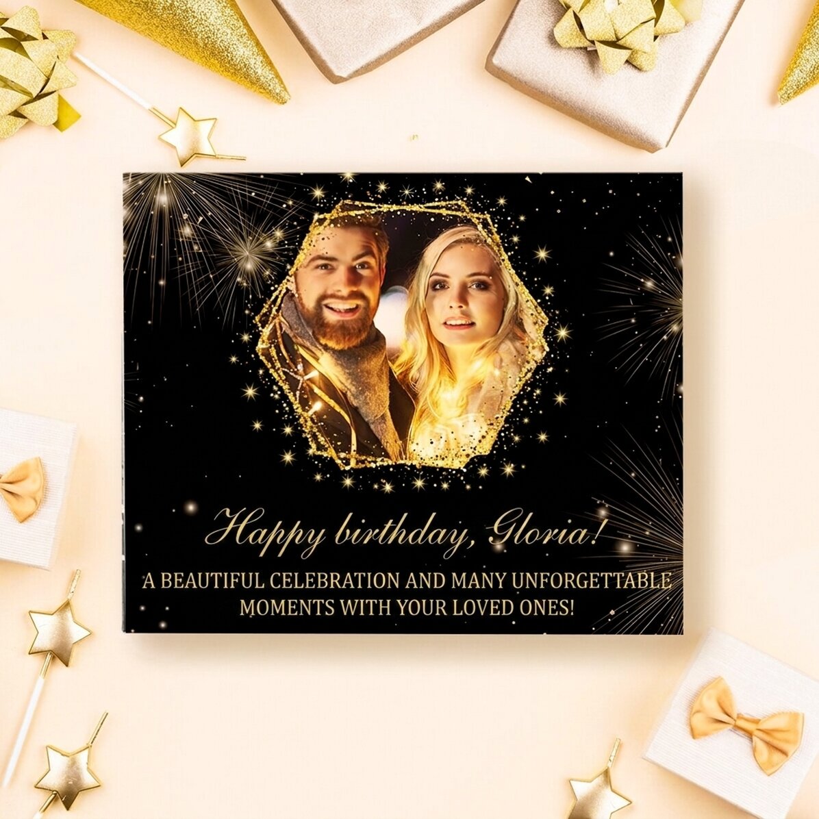 Gepersonaliseerde bonbonnière met een foto en tekst - Golden