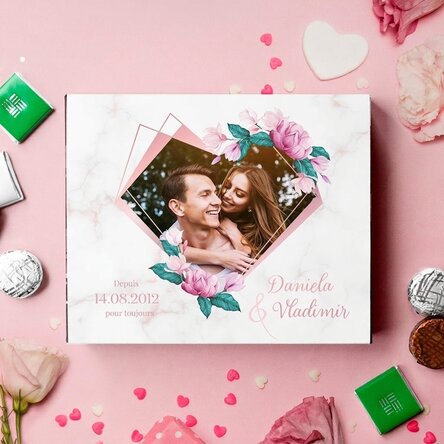 Boîte de bonbons personnalisée avec photo et texte - Cœur fleuri