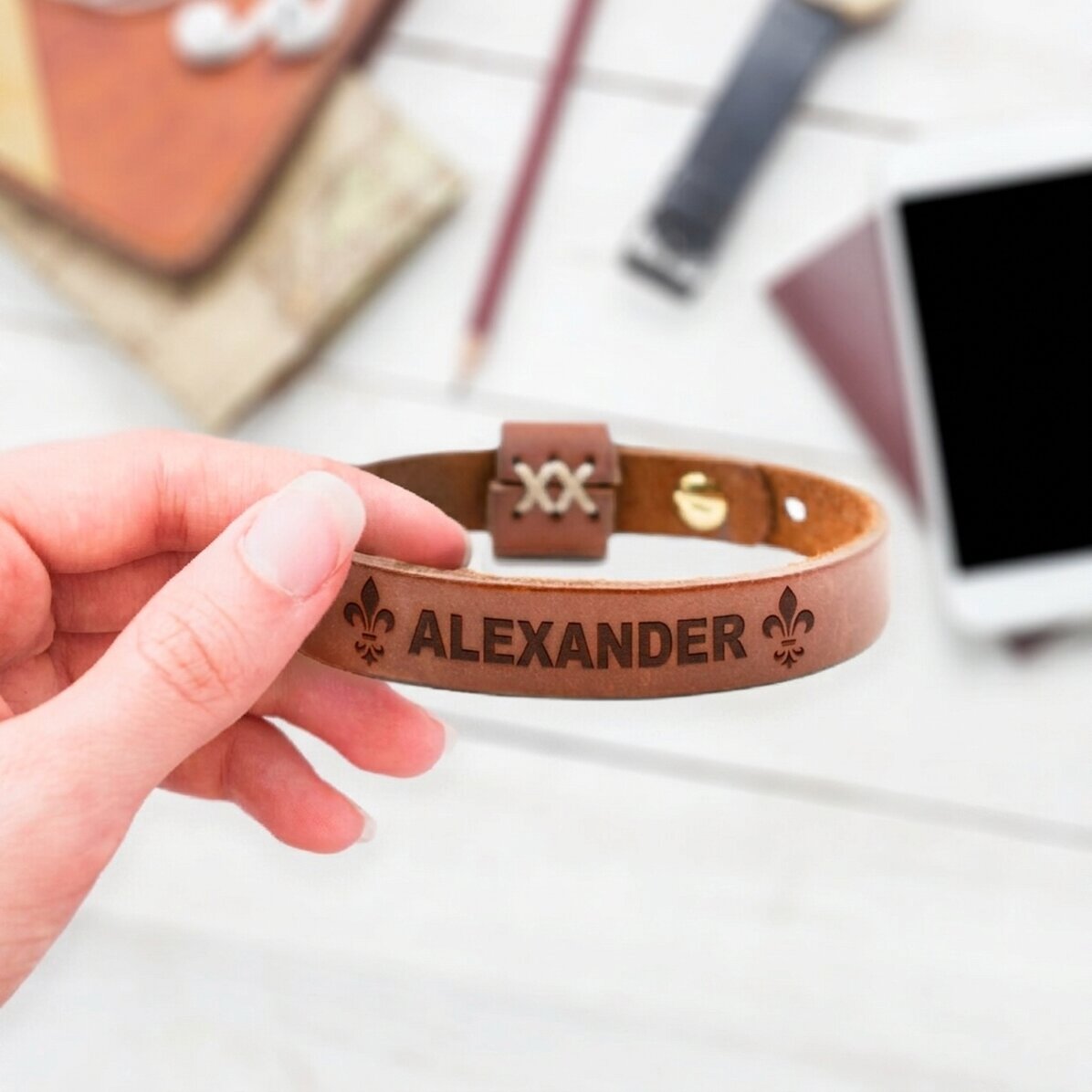 Gepersonaliseerde leren armband met naam voor heren