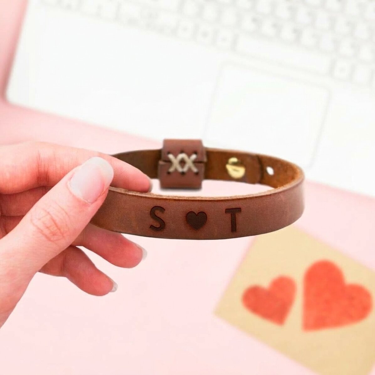 Gepersonaliseerde leren armband met 2 initialen - Hartje